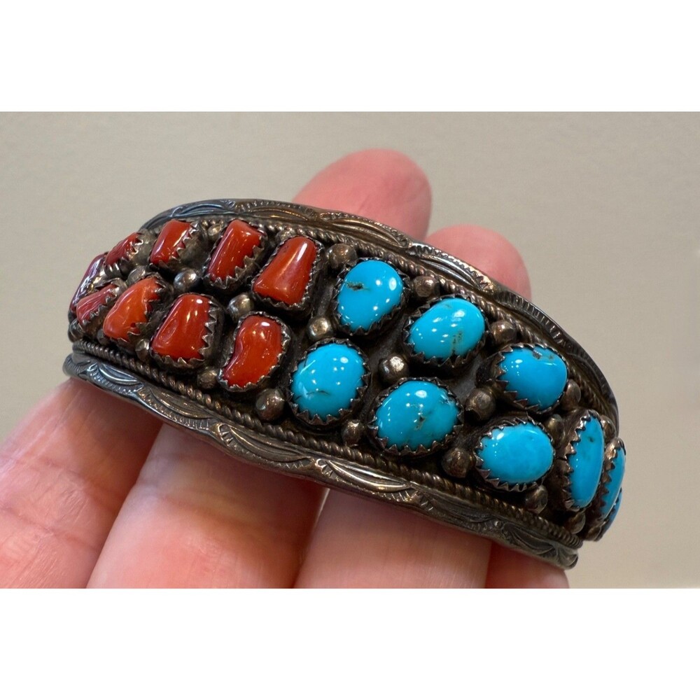 Navajo Yellowhorse Turquoise Coral Sterling Silver Cuff Bracelet Native American - Picture 10 of 16